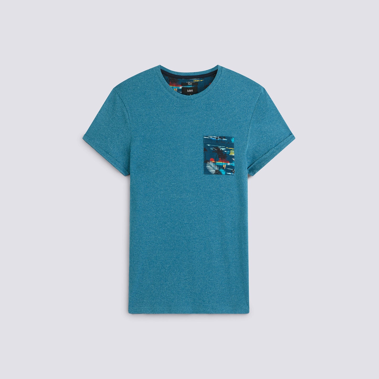 Teeshirt (f) regular bleu canard poche motif tropical