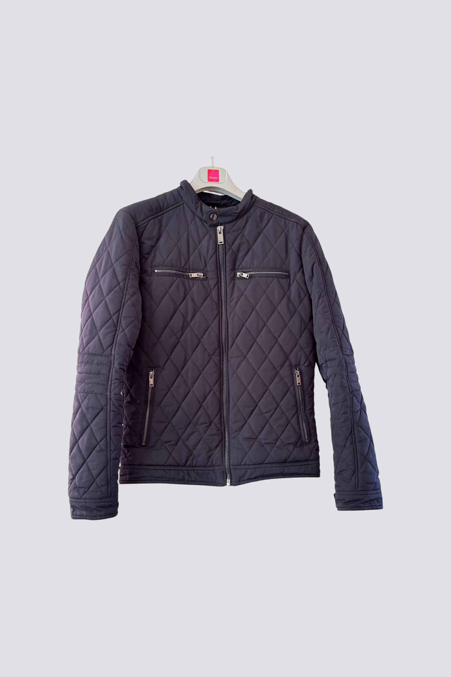 Blouson bleu col biker
