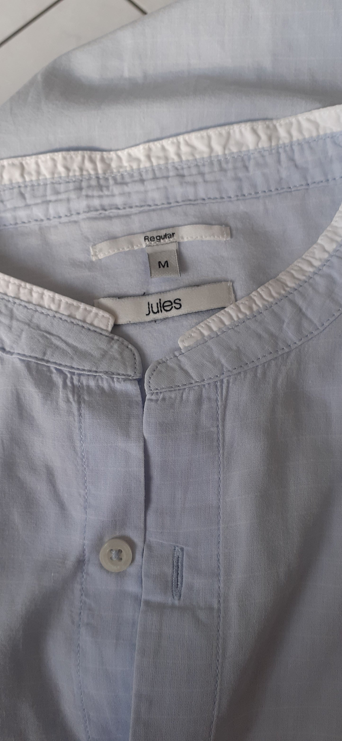 Chemise bleu ciel  carreaux fin blanc col maho