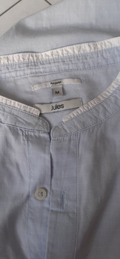 Chemise bleu ciel  carreaux fin blanc col maho