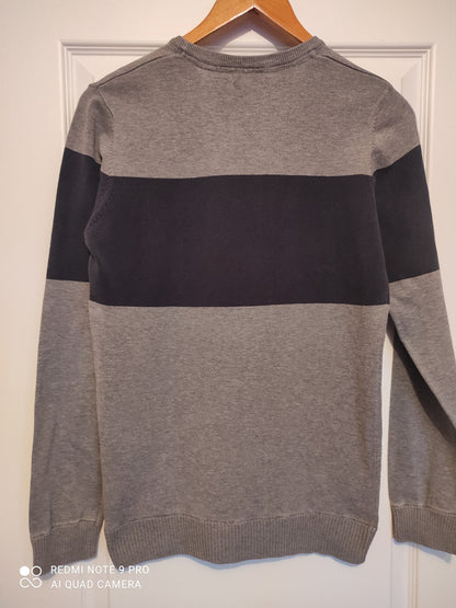 Pull gris rayure bleue marine - S