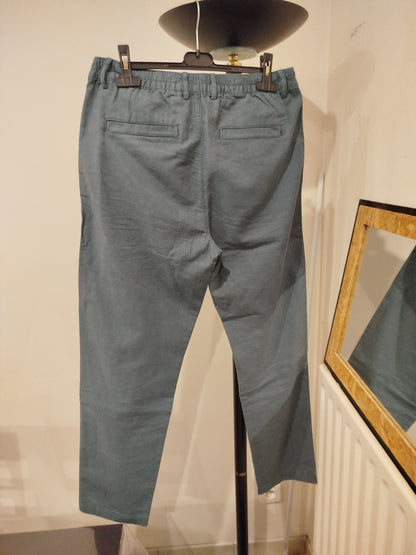 Pantalon droit mélange coton lin Bleu/vert T40
