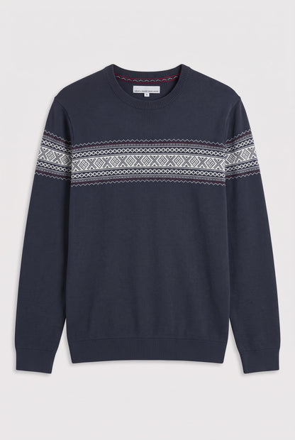 Pull col rond motif jacquard en coton
