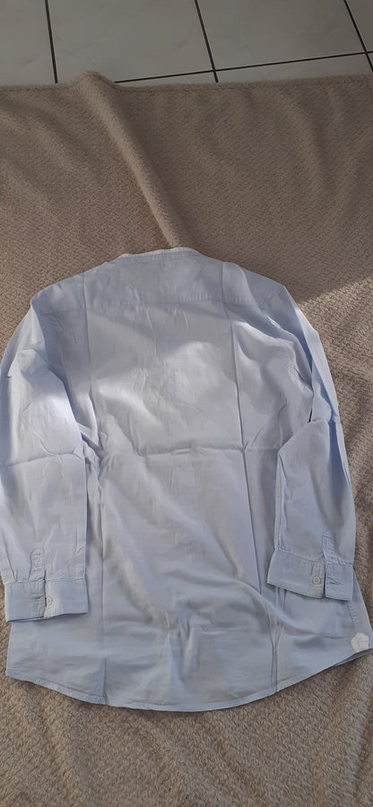 Chemise bleu ciel  carreaux fin blanc col maho