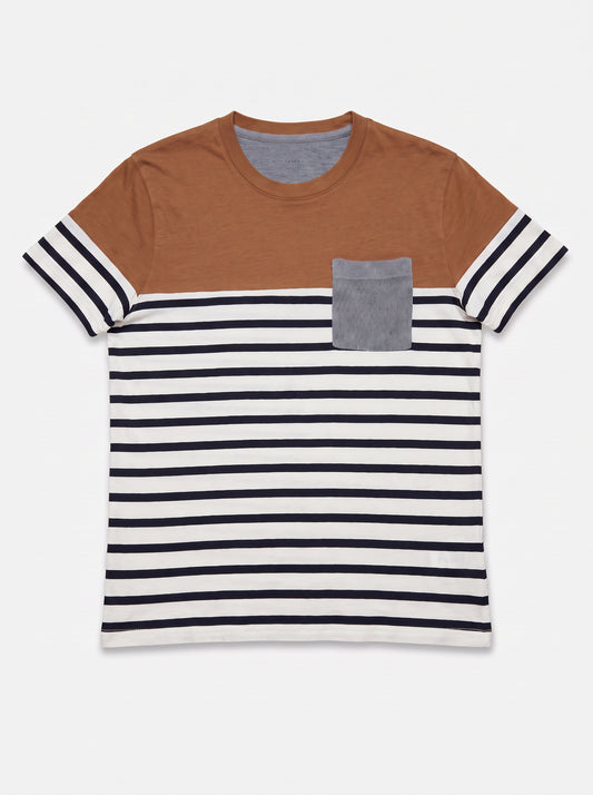 Tee shirt blanc et camel marinière avec poche poitrine
