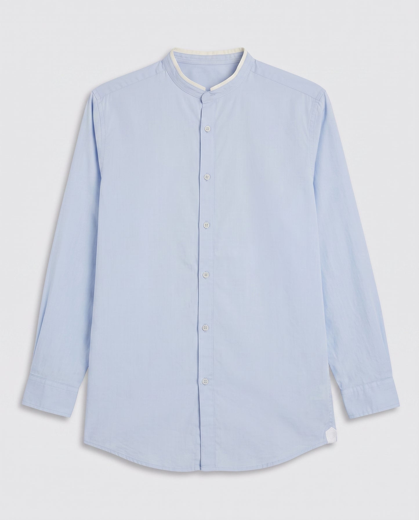 Chemise bleu ciel  carreaux fin blanc col maho