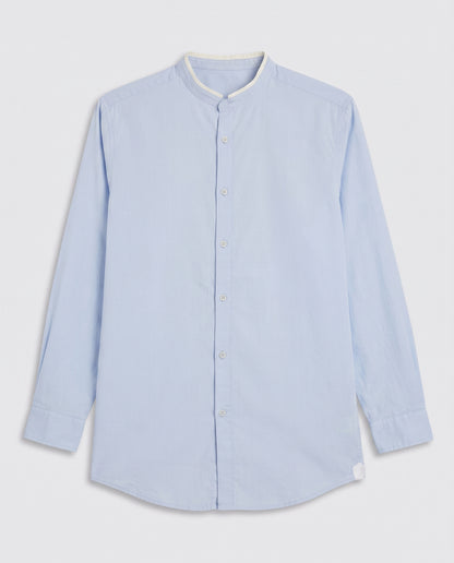 Chemise bleu ciel  carreaux fin blanc col maho