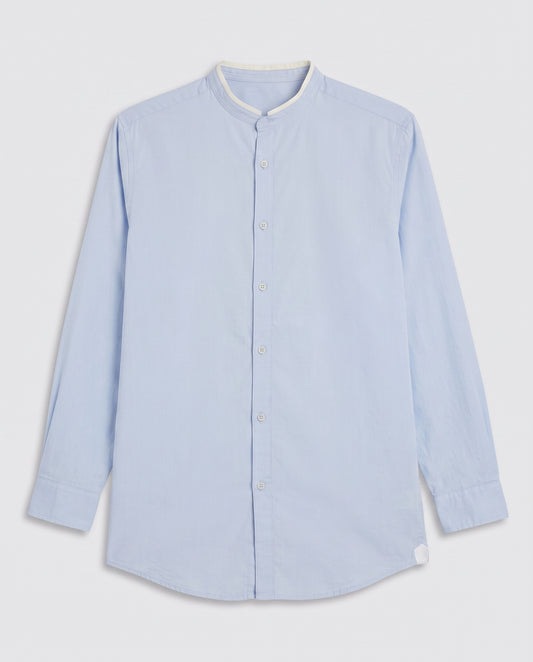 Chemise bleu ciel  carreaux fin blanc col maho