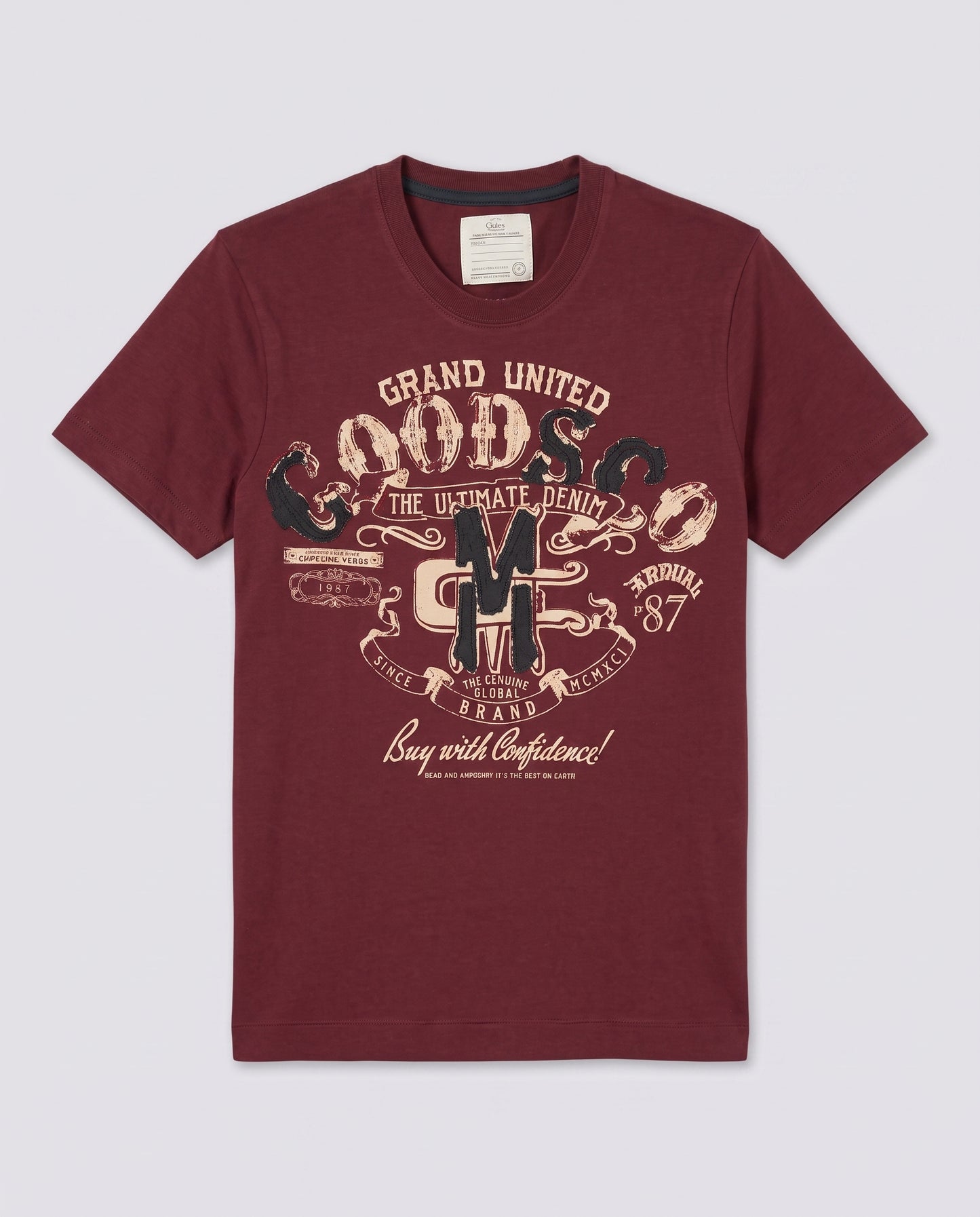 Teeshirt vintage bordeaux motifs collés et cousus