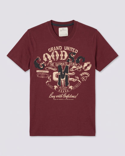 Teeshirt vintage bordeaux motifs collés et cousus