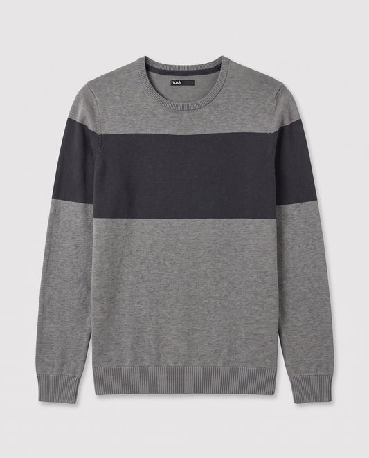 Pull gris rayure bleue marine - S