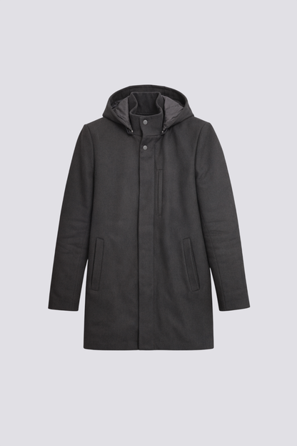 Manteau lainage capuche et parmenture