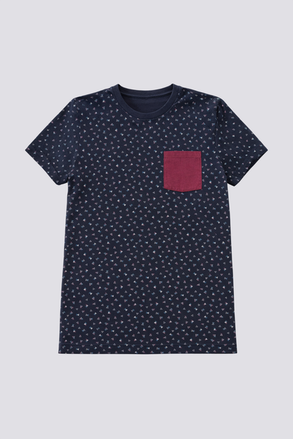 Tee shirt à motif bleu foncé avec poche poitrine